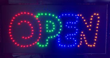 LED-Schild Open (rot, gruen, blau, gelb)