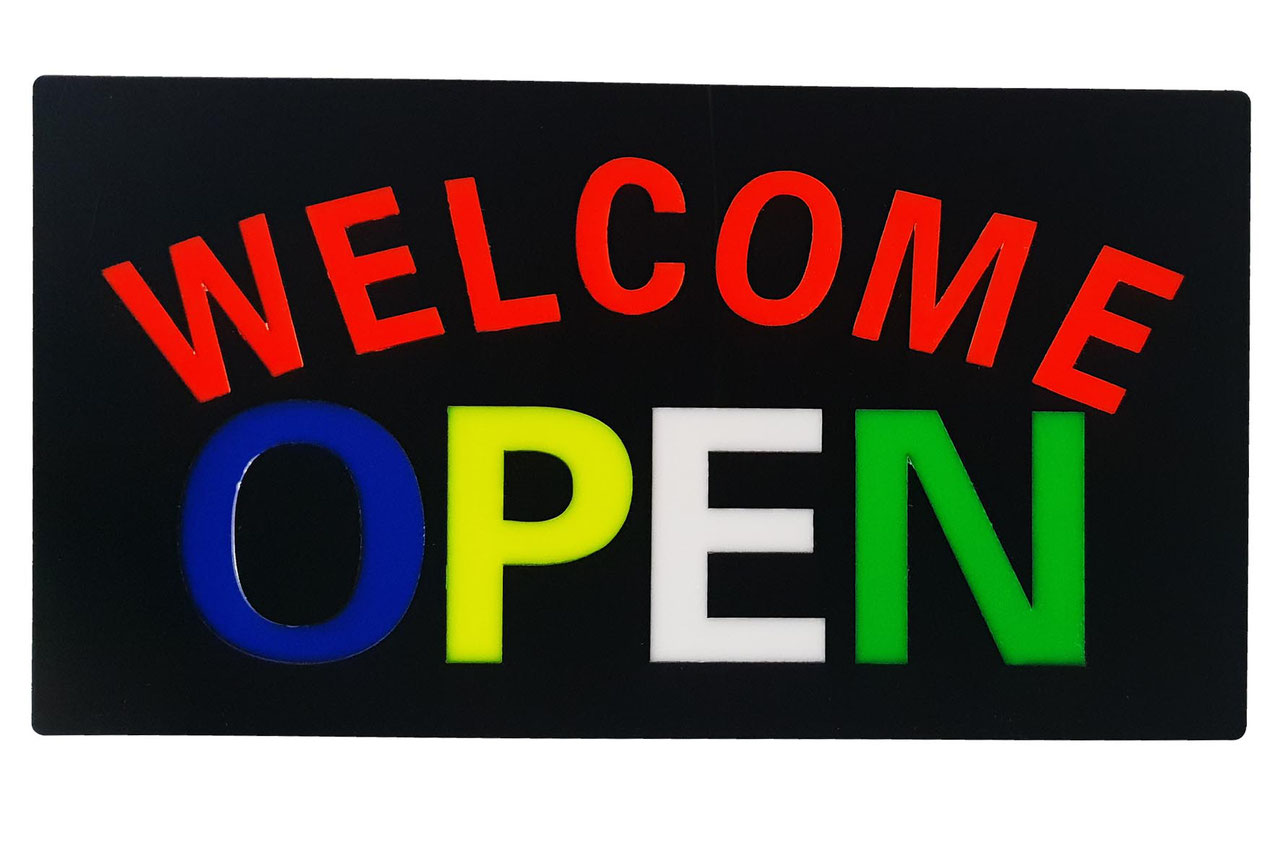  LED-Schild WELCOME OPEN (rot, blau, gelb, weiss, grün)