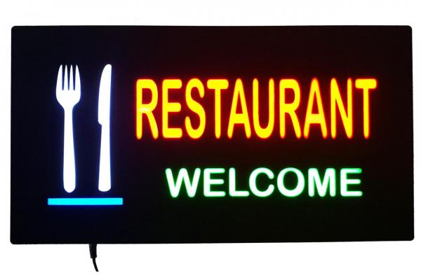 LED-Schild RESTAURANT WELCOME (orange, grün, weiß, blau)